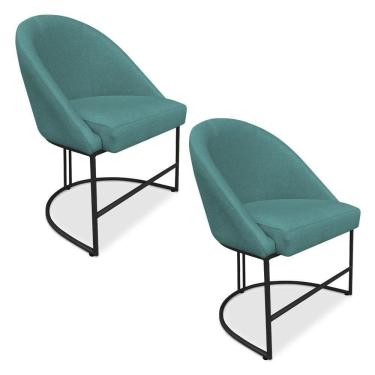 Imagem de Kit 02 Cadeiras Poltrona De Jantar Bela Suede Base Metálica Industrial Preto Azul Turquesa