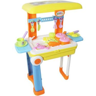 Imagem de Kit Cozinha Infantil 3 em 1 vira Maleta e Mochila Bancada Rodinha Colo