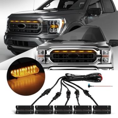 Imagem de FICOLPO 5 peças de luzes LED para churrasqueira compatíveis com 2021 2022 2023 F150 XL/XLT/XLT Sport - acessórios de luzes de grade frontal de LED com fusível e arnês (revestimento preto claro âmbar)