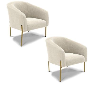 Imagem de Poltrona Decorativa Pé Ferro Dourado Kit 2 Stella Bouclê Bege D03 - D`rossi
