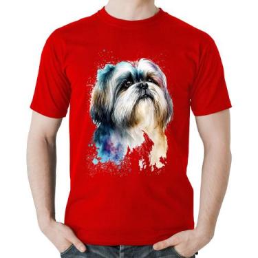 Imagem de Camiseta Algodão Cachorro Shih Tzu Watercolor - Foca na Moda, Vermelho