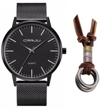 Imagem de Relogio Masculino Social Ultra Fino Preto + Colar Couro - CRRJU