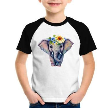 Imagem de Camiseta Raglan Infantil Elefante E Flores - Foca na Moda, Branco, Pre