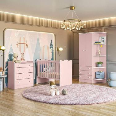 Imagem de Jogo De Quarto Completo Infantil Bebê Guarda Roupa 2 Portas Cômoda 4 Gavetas Berço Simples C/ Colchão C/ Rodízios Doce Sonho 825 / 1 / 2523