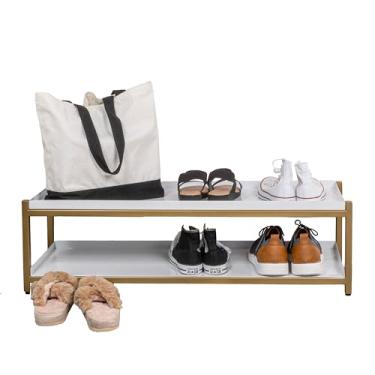 Imagem de happimess SRK1000D Sapateira de ferro compacta industrial de 27 cm, 6 pares, 2 camadas, branco/dourado, para entrada, corredor, armário, porta, quarto