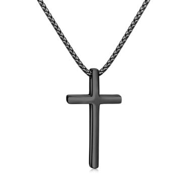 Imagem de Colar masculino Fiusem com cruz para presente de Dia dos Pais, prata/ouro/preto, com corrente de cruz de 2,5 mm e pingente de cruz de aço inoxidável, corrente de caixa de 40 a 61 cm, 20.0 Inches, Aço