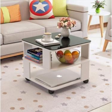 Imagem de Mesa lateral, pequena mesa de centro quadrada, mesa de canto de flores, luz de luxo, criativa, sala de estar, moderna, minimalista, mesa de canto de vidro, mini sofá, mesa lateral, B, branco quente