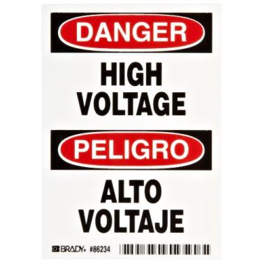 Imagem de Brady 86234 8,5 cm de largura x 12,7 cm de altura, B-302 poliéster de alto desempenho, preto e vermelho em branco, etiquetas de máquinas e equipamentos, cabeçalho "Danger/Peligro", legenda "High