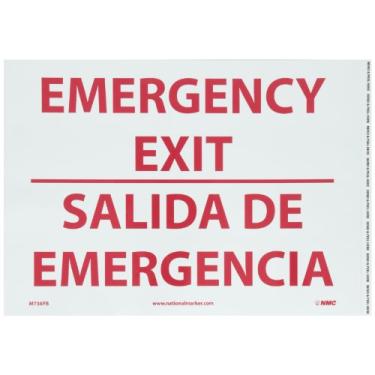 Imagem de NMC M738PB Placa bilíngue de saída/entrada, lenda "saída de emergência", 35,5 cm de comprimento x 25,4 cm de altura, vinil sensível à pressão, vermelho sobre branco