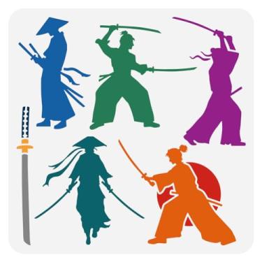 Imagem de FINGERINSPIRE Estêncil de guerreiro samurai para pintura 30 x 30 cm reutilizável modelo de desenho padrão espadachim decorativo homem silhueta pintura estêncil plástico PET espadas leste chapéu modelo