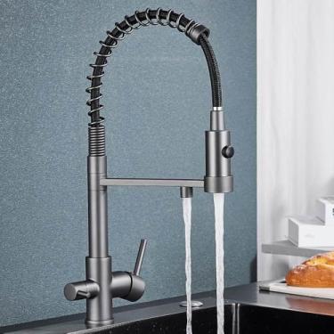 Imagem de Torneira de cozinha com filtro retrátil, preta, 3 vias, torneiras de água potável pura, latão, 360°, torneira misturadora de água de purificação flexível, cor cinza pistola