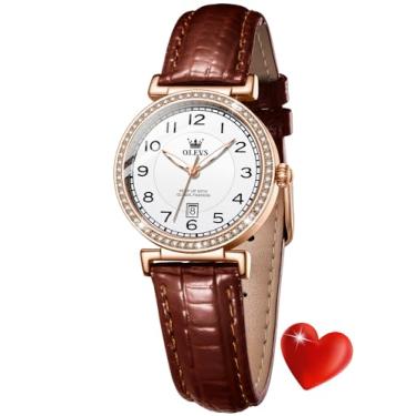 Imagem de OLEVS Relógio feminino com tiras de couro marrom feminino ouro rosa elegante vestido luxuoso cronógrafo à prova d'água relógio de pulso data dia, 5590: branco rosa, Clássico