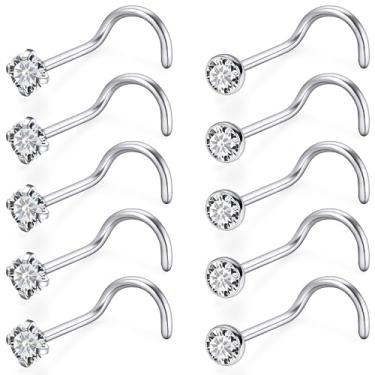 Imagem de Qiwnswoy 10 peças de piercing de nariz de aço cirúrgico/titânio brincos de nariz em forma de L CZ sem piercing corporal joias para mulheres 22g/20g/18g, Metal Cristal, Zircônia cúbica