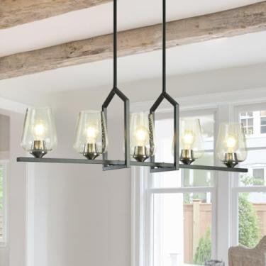Imagem de HOLAPORAA Luminárias De Sala De Jantar Pretas Sobre A Mesa, 5 Luzes, Lustre Moderno De Fazenda Com Cúpulas De Vidro Transparente, Iluminação Suspensa De Teto Para Ilha De Cozinha Com Altura Ajustável