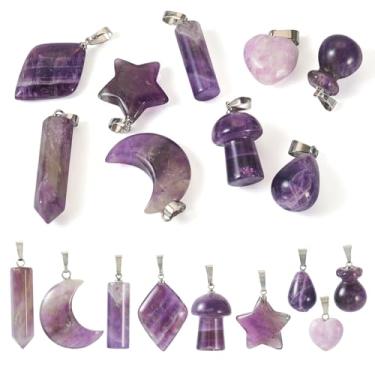 Imagem de FASHEWELRY 9 peças de pingentes de pedra preciosa natural, gota, lua, cogumelo, estrela, bala, pingentes, ametista roxa, lepidolita, mica, pingente com laço de latão para colar, brinco, fabricação de