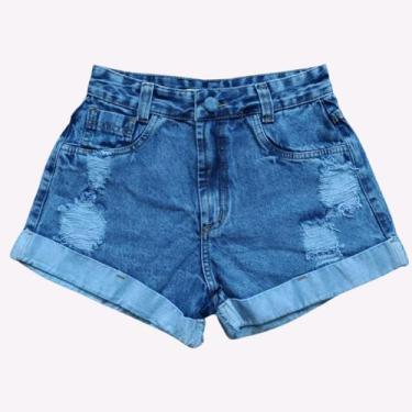Imagem de Short Jeans Feminino Sem Lycra Fecho de Botão Cós Alto Barra Dobrada M