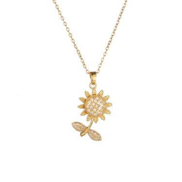 Imagem de lagava Colar de girassol para mulheres: joia giratória com pingente de girassol banhado a ouro 18K para mulheres, presentes para o Natal, Latão, Zircão