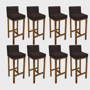 Imagem de Kit 08 Banqueta Alta Com Encosto Loren Cozinha Balcão Bistrô Base Madeira Carvalho Corino Marrom - Ahz Móveis