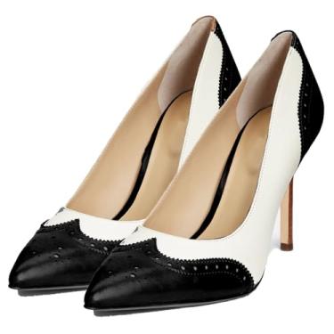 Imagem de SHODENSE Salto alto feminino bico fino salto agulha Oxford, sem cadarço, dois tons, perfurado, 10 cm, salto alto, bico fechado, salto alto, salto alto, vintage, retrô, sexy, 4-11 M EUA, Preto e branco