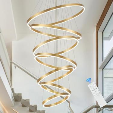 Imagem de AIRYPHANT Lustre De Teto Alto Dourado Lustre De Led De 7 Anéis Lustre De Led Moderno Lustre De Led Grande De 31" Lustre De Entrada Luminária Pendente Regulável Para Sala De Estar Escada, 3000K-6500K