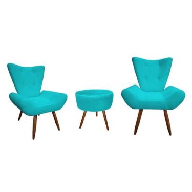 Imagem de Kit 2 Poltronas Decorativa Emilia + Puff Redondo Suede Azul Turquesa P