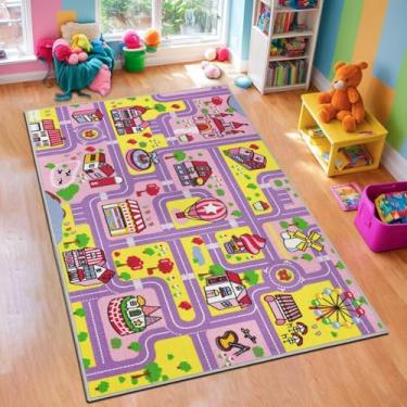 Imagem de Capslpad Tapete infantil para sala de jogos roxo tapete de carro de trânsito 1,6 x 1 m tapete de área de aprendizagem educacional lavável para quarto de crianças, meninas, quarto, sala de jogos,