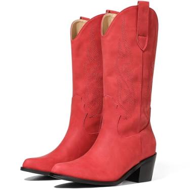 Imagem de AOSPHIRAYLIAN Botas de cowboy para mulheres, retrô, bico fino, sem fecho, salto grosso, glitter, brilhante, metálico, bordado, country, para concerto, botas de cowboy ocidentais, Vermelho fosco, 36