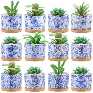 Imagem de Maxdot 12 peças de vasos de suculentas chinoiserie de cerâmica de 7,6 cm, mini vasos cilíndricos azuis e brancos com orifícios de drenagem e bandejas de bambu para decoração de plantas de interior