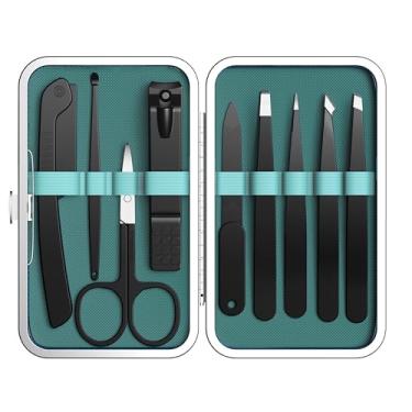 Imagem de Yougai Kit de 9 pinças e cortadores de unhas para pelos faciais femininos com estojo de viagem, kit profissional de pinças de sobrancelha de aço inoxidável de grande precisão para ferramenta de beleza