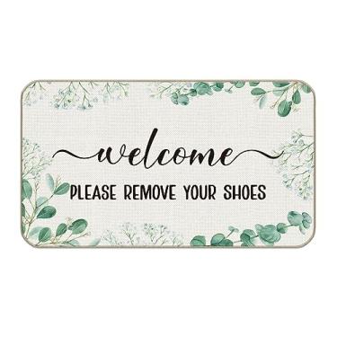 Imagem de Welcome Please Remove Your Shoes Tapete de porta, 43 cm x 76 cm decorativo para casa, interior, exterior, pátio, entrada, tapete para porta da frente, planta botânica, folhas de eucalipto, decoração