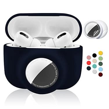 Imagem de Capa protetora 2 em 1 para Apple AirPods Pro Air Tag Combo, capa Airpods Pro AirTag de silicone macio com 2 peças de protetores de tela, antiarranhões, antiqueda, antiperda, à prova de choque, durável (azul marinho)