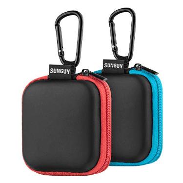 Imagem de Estojo para fone de ouvido, SUNGUY 【 Pacote com 2, vermelho + azul】 Estojo para fone de ouvido quadrado portátil com 2 mosquetões para AirPods, aparelhos auditivos, cabo de carregamento USB, pen drive USB.