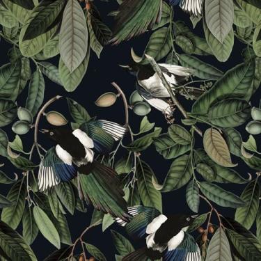Imagem de VEELIKE Papel de parede tropical escuro descascar e colar papel de parede exótico selva folha preta pássaro papel de parede para banheiro quarto 48 x 38 cm papel de contato removível floresta mural de