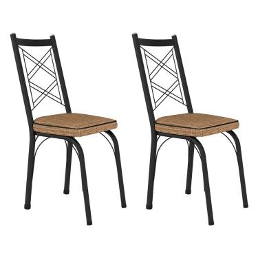 Imagem de Kit 2 Cadeiras De Cozinha Delaware Estampado Rattan Bege Pés De Ferro Preto - Pallazio