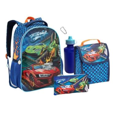 Imagem de Kit Mochila Costas Lancheira Estojo Garrafa Infantil Hot Wheels Racing Carros Escolar Seanite
