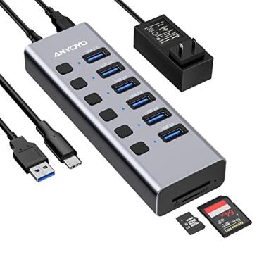 Imagem de ANYOYO Hub Usb Com Alimentação E Leitor De Cartão Tf/Sd, 8 Portas 3.0, 6 Dados, Interruptores Individuais Liga/Desliga, Adaptador Ca Alumínio Para Pc, Desktop, Macbook