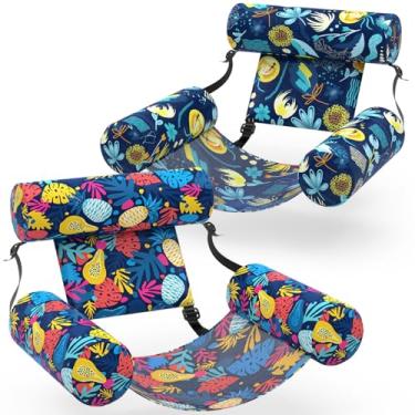 Imagem de Sunikko X Boias de piscina para adultos, 2 pacotes de cadeiras infláveis de tecido, boias de piscina infláveis para adultos, flutuadores de padrão de flores do Havaí para flutuar na piscina, festa