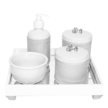 Imagem de Kit Higiene Espelho Potes Porcelana Bebê Flor Liz Prateado - Potinho d