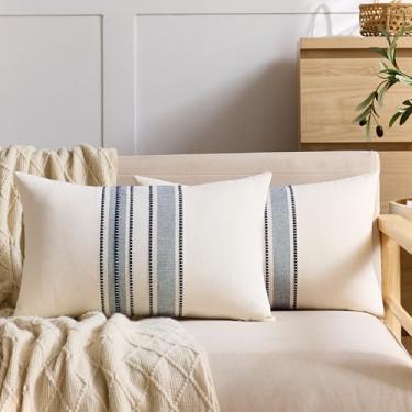 Imagem de KINDREX Capas de almofada decorativas de linho da fazenda 30 x 50 cm, conjunto de 2 capas de almofada texturizadas boho, fronhas neutras listradas azul marinho para decoração de sofá, sofá, quarto e