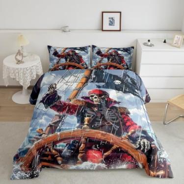 Imagem de Castle Fairy Jogo de cama queen com caveira, pirata, leme náutico, para crianças, adolescentes, vintage, pirata, barco, aventura, edredom com 2 fronhas