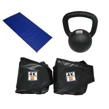 Imagem de Kit Colchonete Azul+Par de Caneleira 4Kg+kettlebell Pintado 18kg - 1 F