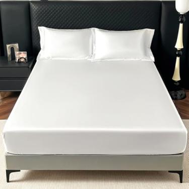 Imagem de Capa de colchão, lençol com elástico, simples, cor pura, protetor de colchão, confortável, respirável, antiderrapante, capa de almofada de cama silenciosa, branca||solteiro: 119 x 200 cm (3 peças)