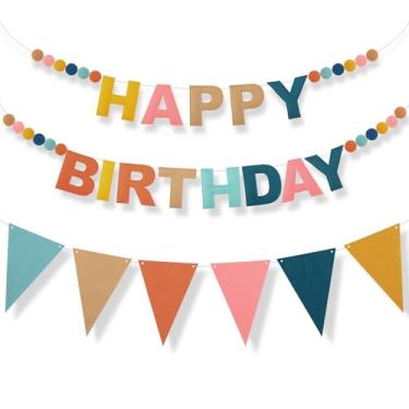 Imagem de Oudain Pacote com 2 banners boho arco-íris feliz aniversário bola de feltro guirlanda triângulo bandeiras 3D sinal de feliz aniversário reutilizável decorações boho para mulheres meninos meninas