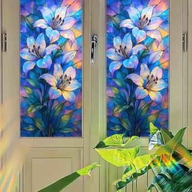 Imagem de Starlit Patio Película de privacidade de lírio azul roxo estilo vitral aderência estática sem cola painel decorativo capa de filtro de luz para porta janela estúdio 45 x 99,8 cm