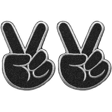 Imagem de Papapatch Conjunto 2 de dois dedos fofo sinal de vitória da paz decalque criança bebê camisetas jaquetas jeans roupas bordadas ferro em costura em patch - preto (IRON-2FINGER-BK-S2)