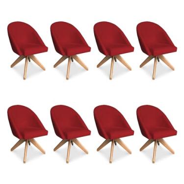 Imagem de Kit 08 Poltronas Cadeira Giratória Bela Suede Vermelho Base de Madeira - Pallazio