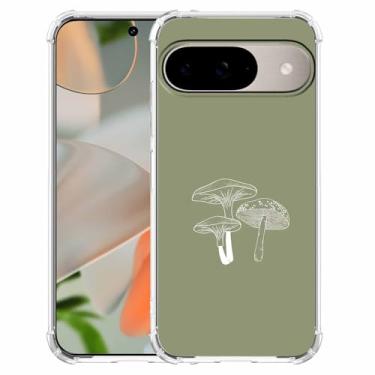 Imagem de Nsyosio Capa de cogumelo verde sálvia para Google Pixel 9/9 Pro, padrão de planta estética minimalista, capa de telefone de TPU macio na moda, px9