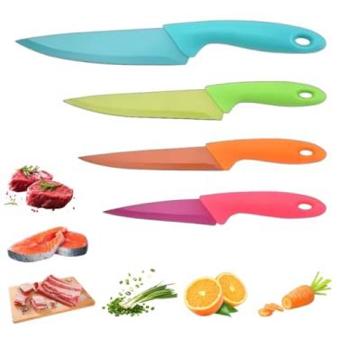 Imagem de Conjunto de 4 Facas de Cozinha em Aço Inox com Cabos Ergonômicos, Kit de Facas para Churrasco, Peixe, Carnes, Legumes, nas Cores Laranja, Azul, Verde e Rosa