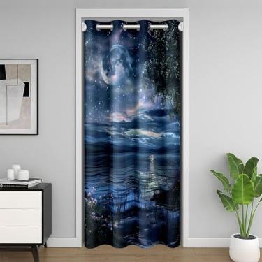 Imagem de Cortina de porta com céu estrelado e lua estrelada com glitter, cenário natural sonhador, para porta de armário, plantas de flores silvestres, cortina de armário, montanha, lago, para privacidade, 1