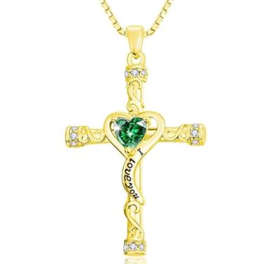Imagem de VANAODUC Colar feminino com cruz de pedra do mês de nascimento, ouro 14K, ouro branco 18K, ouro rosa, pingente feminino I Love You, presente de aniversário e Natal para sua mãe, esposa, namorada